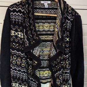 Open Cardigan Fair Isle Pattern Black, White, Yellow, Brown by Style & C…